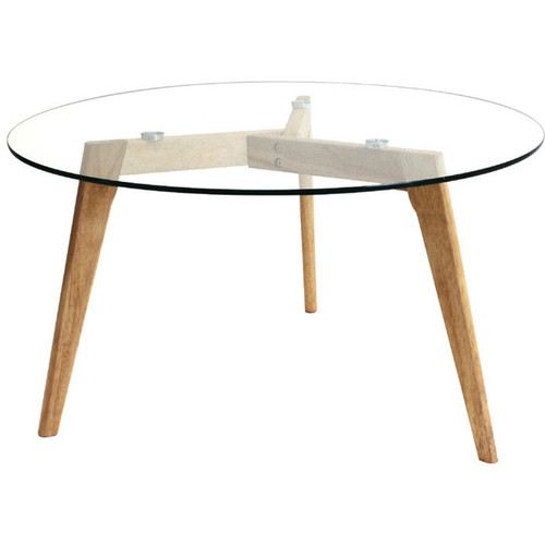 3S. x Home - Table Basse Ronde d80cm en Verre Piétement en Bois Beige MACA - Promo Table Basse Design